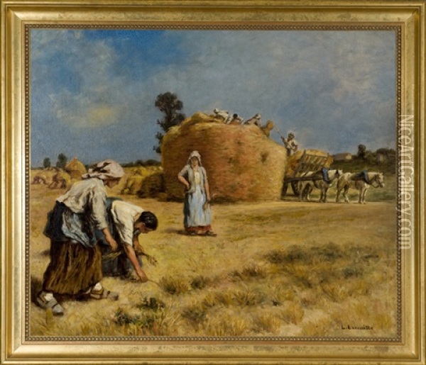 Scene Of Women Gleaning Wheat In A Field With A Large Haystack And Cart Oil Painting - Leon Augustin L'Hermitte