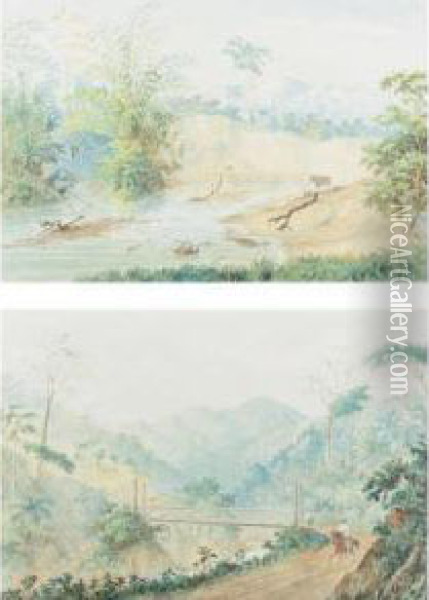 A Pair Of Watercolors: River Borburata And On The Road From Puerto Cabello To Valencia Oil Painting - Anton Goering