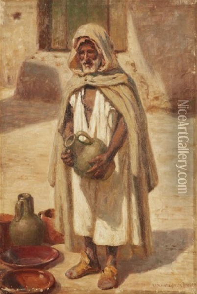 Marchand De Poteries A Tunis Oil Painting - Niels Frederik Schiottz-Jensen