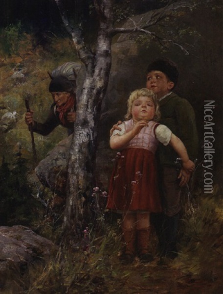 Zwei Kinder Im Wald Angstigen Sich Vor Einer Alten Frau Mit Kraxe Oil Painting - Paul Hermann Wagner