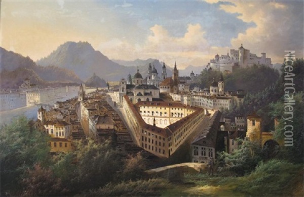 A Panoramic View Of Salzburg Oil Painting - Andreas Johann Jakob Mueller