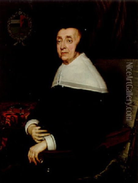 Portrait Of A Lady Of The Sas Family, Aged 73, Seated Three-quarter Length, In A Black Dress Oil Painting - Adriaen Hanneman