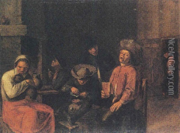 A Tavern Interior With Peasants Drinking And Smoking Oil Painting - Adriaen Brouwer