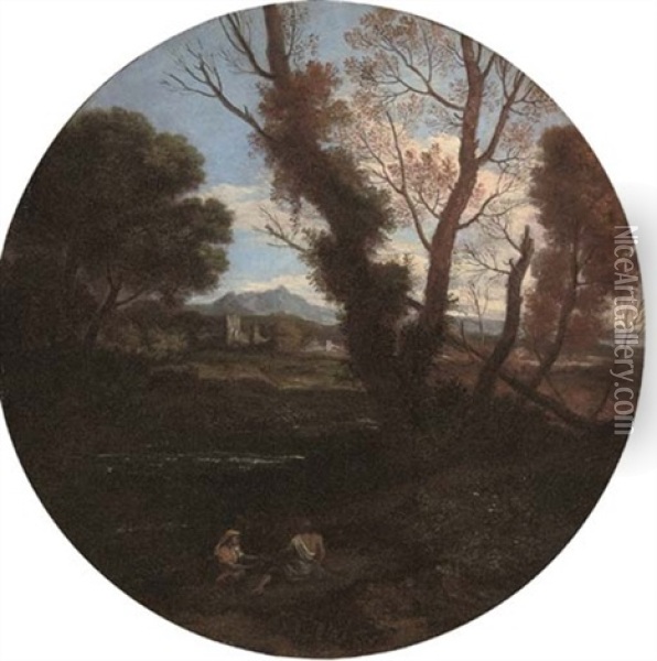 A Wooded Landscape With Figures By A River, A Fortified Town And Mountains Beyond Oil Painting - Francesco Cozza