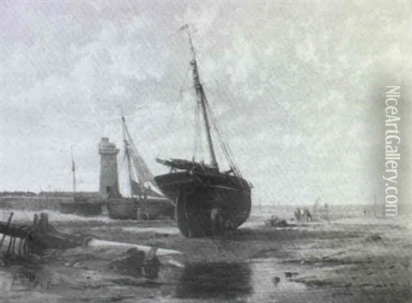 Boats At Low Tide, Possibly In The Severn Estuary Oil Painting - Arthur Wilde Parsons