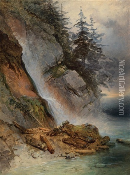 Cascading Water Oil Painting - Friedrich Gauermann