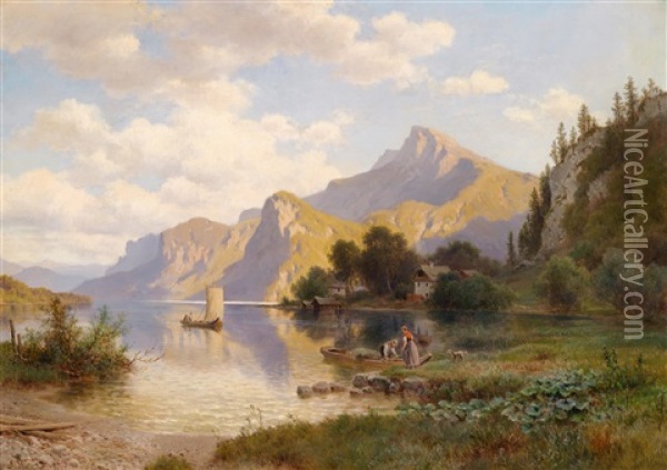 Heimkehr Der Fischer An Einem Alpensee (salzkammergut?) Oil Painting - Ludwig Georg Eduard Halauska