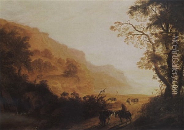 An Italianate Hilly Landscape With Horsemen Resting In The Foreground, Travellers With Donkeys On A Path, And A Waterfall Nearby Oil Painting - Cornelis Matteus