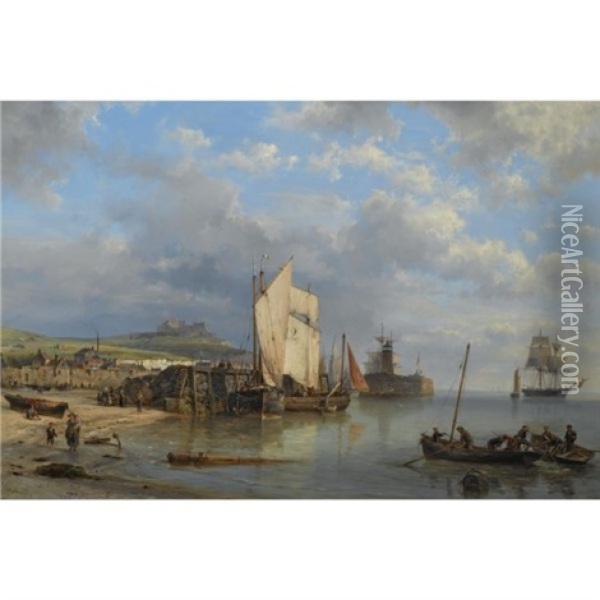 A Harbour Scene At Low Tide Oil Painting - Hermanus Koekkoek the Elder