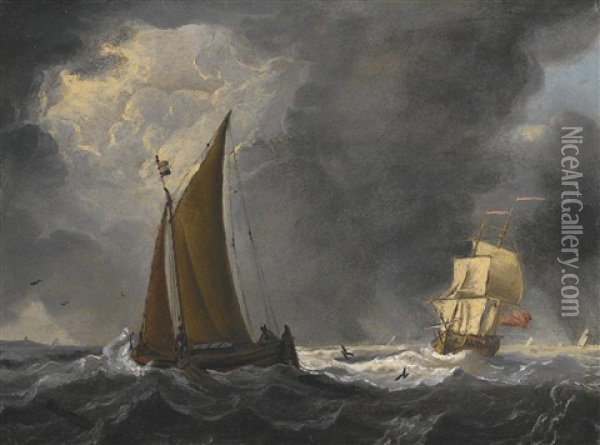 Fishing Boats In An Estuary; And Shipping In A Storm Oil Painting - Francis Swaine