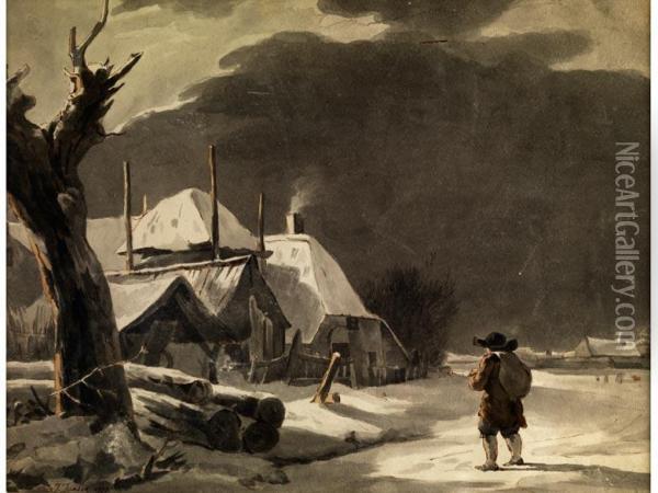 Bauer Vor Hutten In Verschneiter Landschaft Oil Painting - Johannes, Jacobus Janson