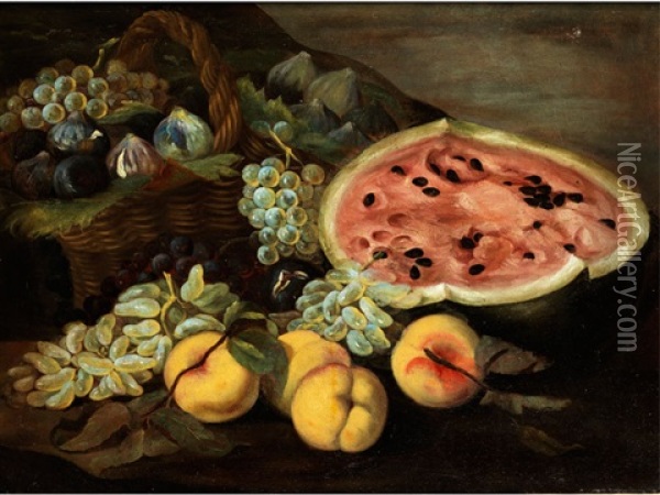 Fruchtstillleben Mit Feigen, Trauben, Wassermelonen Und Pfirsichen Oil Painting - Bartolomeo Spadino the Elder