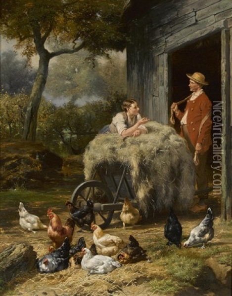 A Barnyard Chat Oil Painting - Eugene Remy Maes