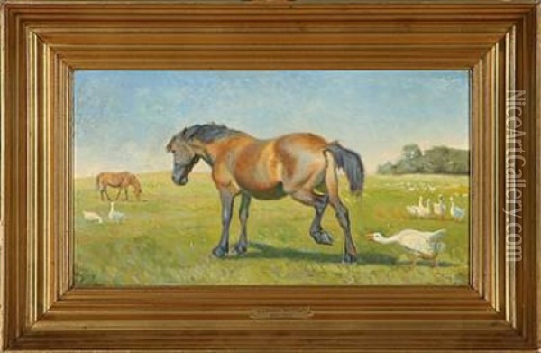 Grazing Horses And Geese Oil Painting - Karl Frederik Christian Hansen-Reistrup