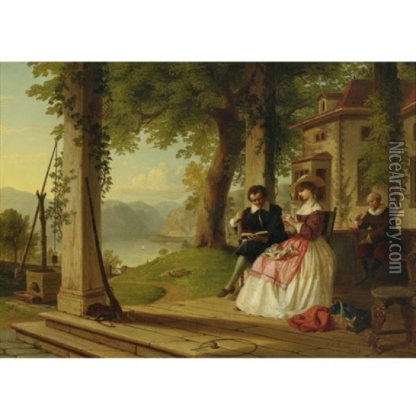 Washington Irving Reading Knickerbocker's History Of New York To His Wife On The Porch Of Sunnyside Oil Painting - Thomas Prichard Rossiter