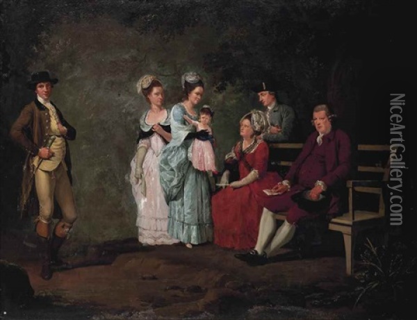 Portrait Of The Perry Family In A Wooded Landscape Oil Painting - Hugh Barron