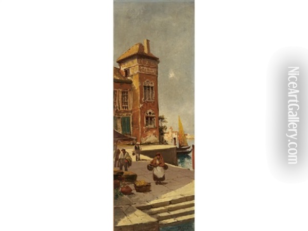 Venice Market With Harbor View Oil Painting - Virgilio Ripari