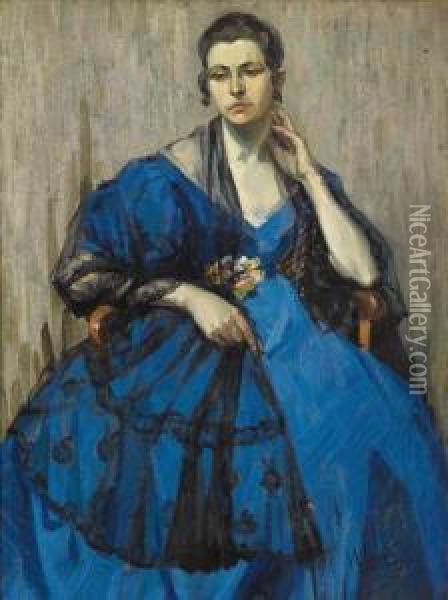 Modella In Blu Oil Painting - Ulisse Caputo