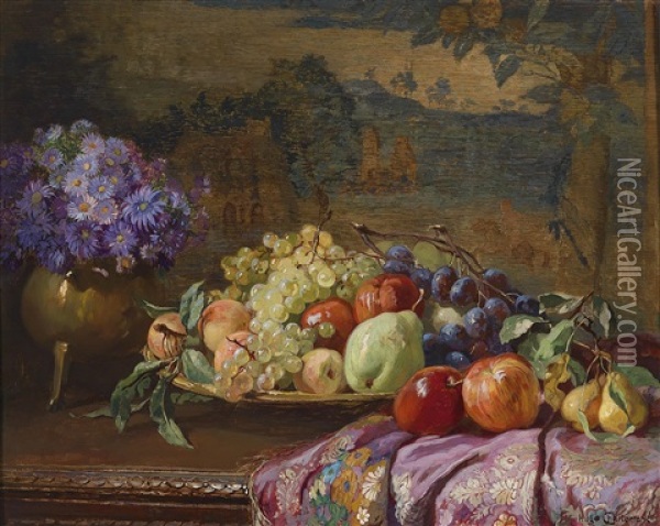 Obststillleben Mit Einem Blumenstraus Oil Painting - Hugo Charlemont