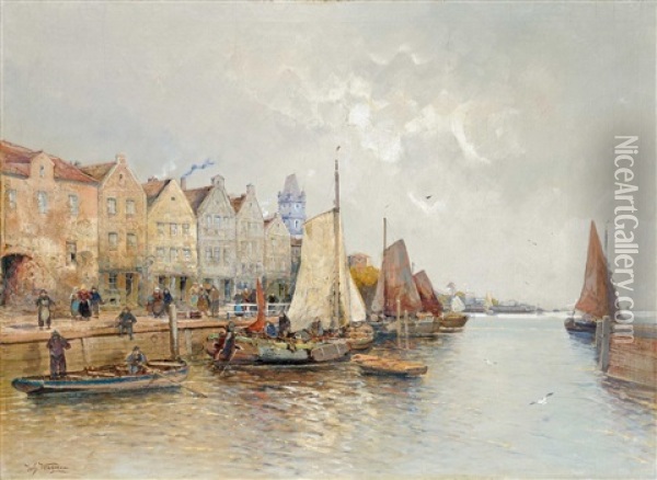 Dutch Port City Oil Painting - Hans Johann Wagner