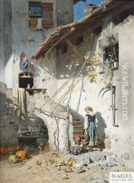 Sudtiroler Bauerin Und Tochter Im Sonnigen Hof Des Bauernhauses Oil Painting - Hermann Hartwich