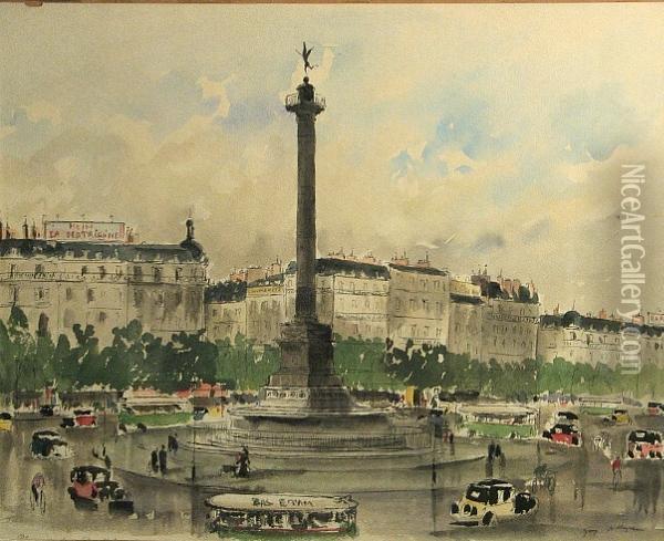 A View Of The Place De La Bastille; A View Of The Place De L'opera (a Pair) Oil Painting - Guy De Neyrac