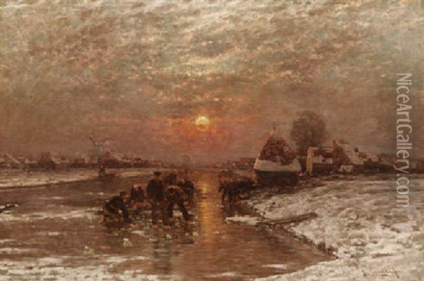 Eisfischer An Einem Hollandischen Kanal Oil Painting - Johann Jungblut