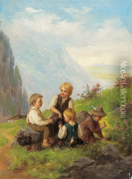 Kinder Beim Almrauschpflucken Oil Painting - Josef Bueche