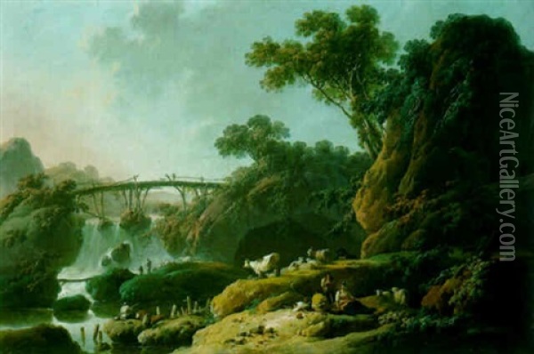 A Landscpae With Shepherds Resting On A Bank By A Waterfall Oil Painting - Jean Baptiste Pillement