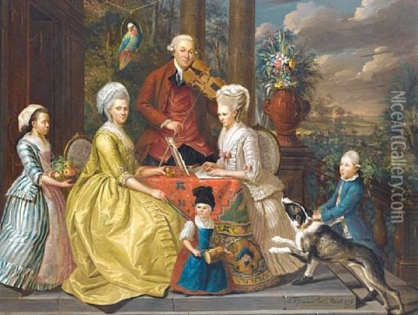 Portrait Of The Van Assche Family Seated In A Loggia, A Landscape Beyond Oil Painting - Louis Francois Gerard van der Puyl