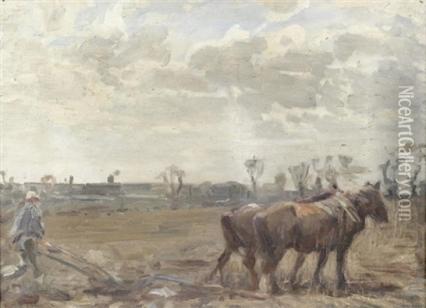 Ploughing Scene, Suffolk Oil Painting - Harry Becker