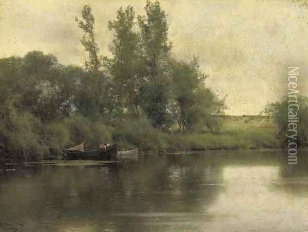 Figures in a Boat in a River Landscape Oil Painting - Emilio Sanchez-Perrier