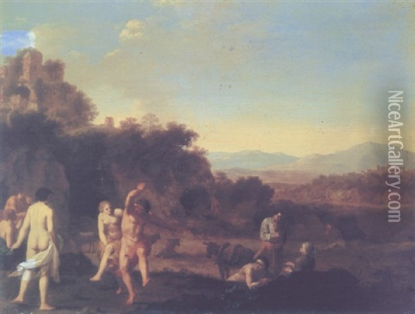 An Italianate Landscape With Figures Dancing Oil Painting - Cornelis Van Poelenburgh