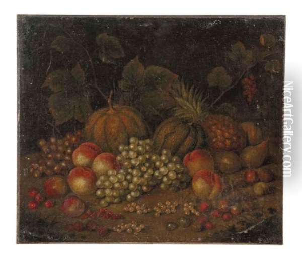 Melons, Cantelopes, A Pineapple, Grapes On The Vine, Pears, Peaches, Rasberries, Red Currants, White Currants, And Other Fruit In A Wooded Clearing Oil Painting - George Gray