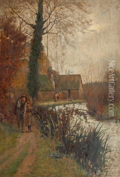 Figures On A Riverside Path Oil Painting - Arthur George Bell