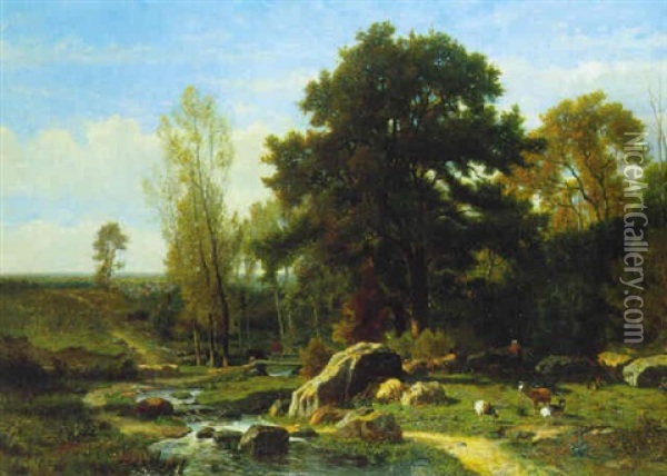 Bergere Et Son Troupeau Au Bord Du Ruisseau Oil Painting - Hector Charles Auguste Octave Constance Hanoteau