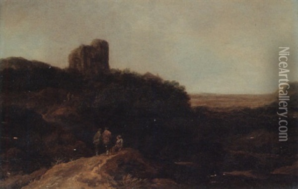 A Landscape With Peasants Resting On A Knoll, A Tower Beyond Oil Painting - Pieter De Molijn