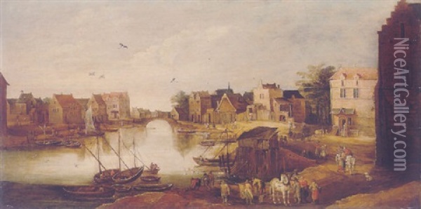 A Townscape With Peasants Unloading A Cart By A Canal Oil Painting - Philips de Momper the Elder