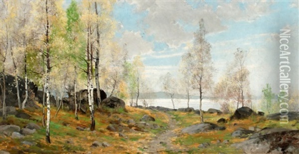 Varlandskap Oil Painting - Arvid Mauritz Lindstroem