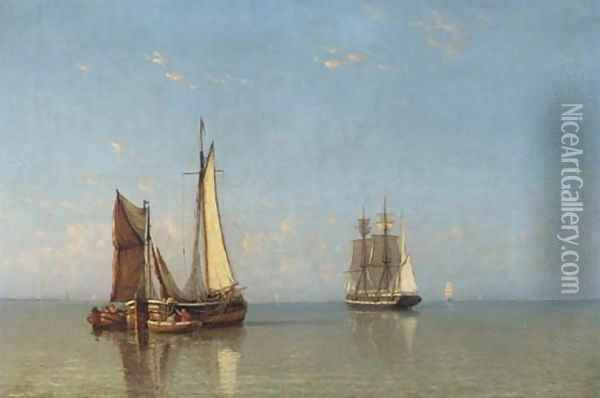 A coastal trader and a fishing barge in calm waters at dawn Oil Painting - Joannes Frederick Schutz