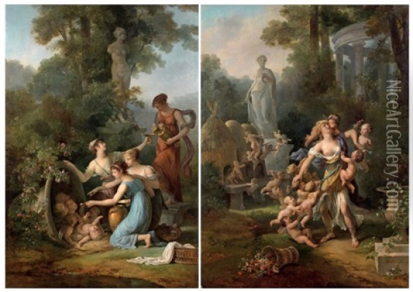 La Ruche Aux Amours Et La Nichee D'amours (pair) Oil Painting - Jean-Frederic Schall