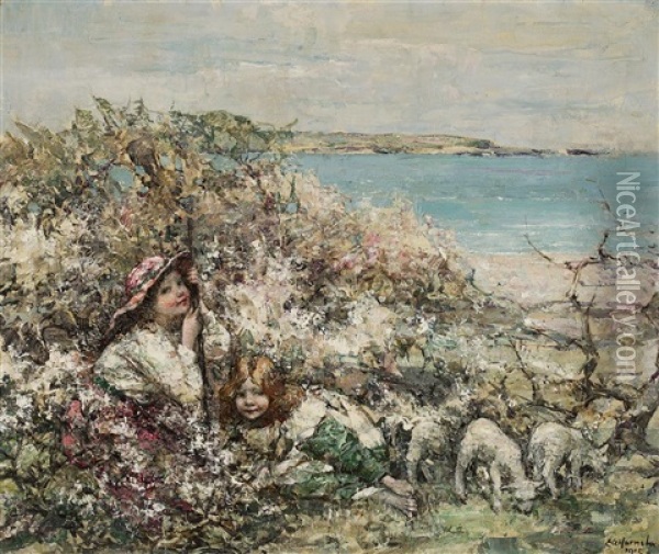 Children And Lambs, Brighouse Bay Oil Painting - Edward Atkinson Hornel