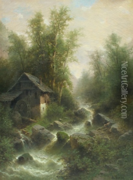Old Mill By The Waterfall Oil Painting - Albert Rieger