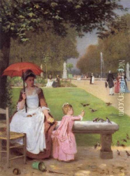 Feeding The Birds, Jardins Des Tuileries Oil Painting - Joseph Caraud