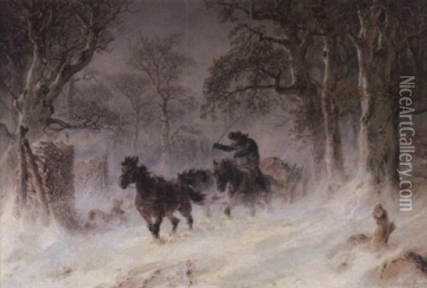 Dreispanniges Holzfuhrwerk Auf Einem Waldweg Im Schneesturm Oil Painting - Hermann Kauffmann the Elder