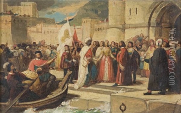 Otello Rientra A Venezia Accolto Da Desdemona E Dal Popolo (+ Otello Invitato Da Jago Osserva Desdemona E Cassio; Pair) Oil Painting - Alfonso Chierici