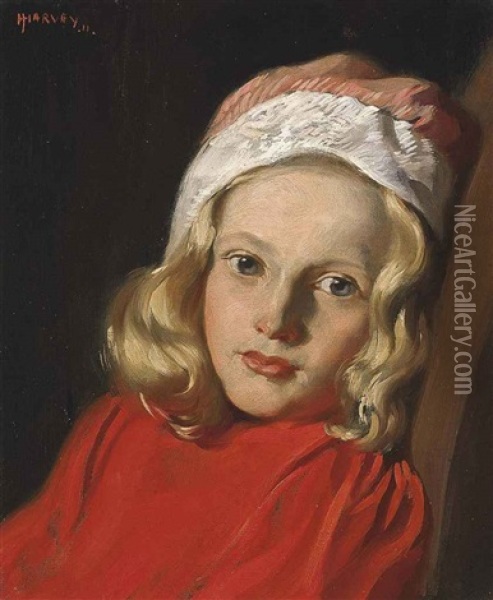 Portrait Of A Young Girl In A Red Jumper And A Pink And White Hat Oil Painting - Herbert Johnson Harvey