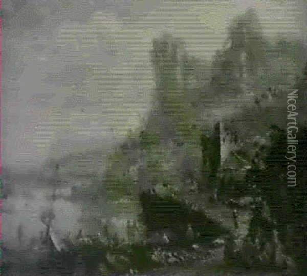 A Rhineland River Scene With Figures Resting By The Roadsidebefore A Ruined Tower Oil Painting - Jan Griffier the Elder