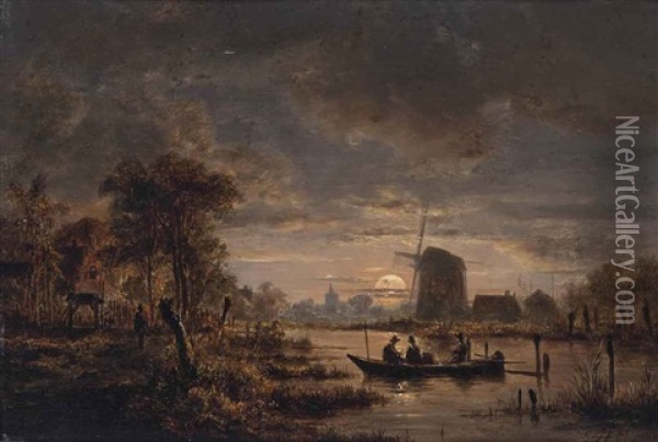 A Moonlit River Landscape With A Boat And A Windmill Beyond Oil Painting - Henry Pether