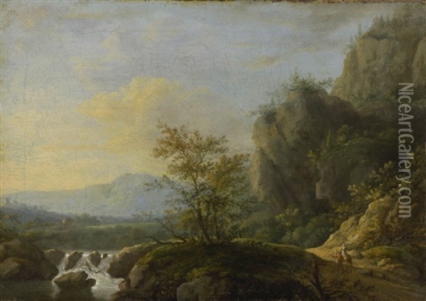 Felsige Flusslandschaft Mit Ziehendem Bauernpaar Oil Painting - Johann Jakob Dorner the Younger